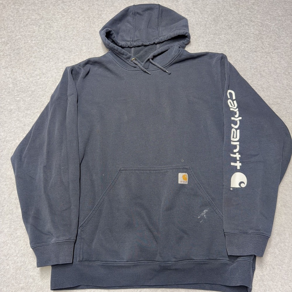 Carhartt Hoodie Mens XL Blue Sleeve Logo Fleece Pullover Sweatshirt Workwear
